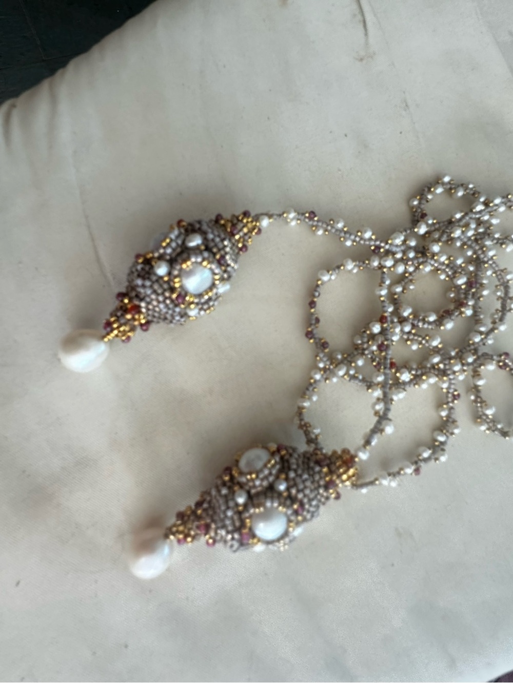 Beaded Pearl Drop Necklace - Gold, Silver and White